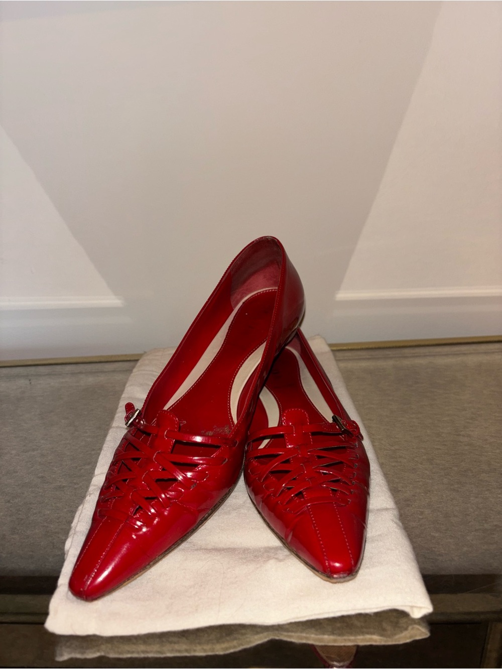 Prada Red Pointed Leather Woven Flats
